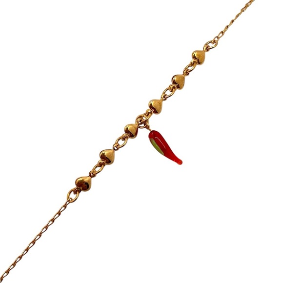 Gold Heart Anklet with Red Charm - Picture 2 of 4